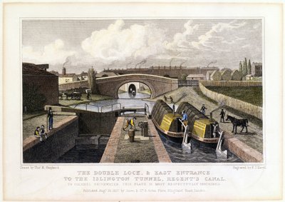 Kaksoislukko ja itäinen sisäänkäynti Islingtonin tunneliin, Regents Canal, 1827 tekijältä Frederick James Havell