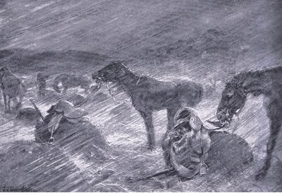 Eteläafrikkalainen raekuuro, teoksesta After Pretoria: The Guerilla War, jonka on julkaissut Harmsworth Bros Limited, 1901. tekijältä Frederick Judd Waugh