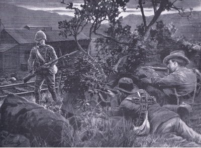 Degeneroitunutta sodankäyntiä: buurit ampuvat vartiomiestä, teoksesta After Pretoria: The Guerilla War, jonka on julkaissut Harmsworth Bros Limited, 1901. tekijältä Frederick Judd Waugh