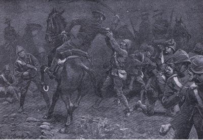 Majuri Boole-Smith tarttuu De Wetiin, teoksesta After Pretoria: The Guerilla War (Pretorian jälkeen: sissisota), jonka on julkaissut Harmsworth Bros Limited, 1901. tekijältä Frederick Judd Waugh