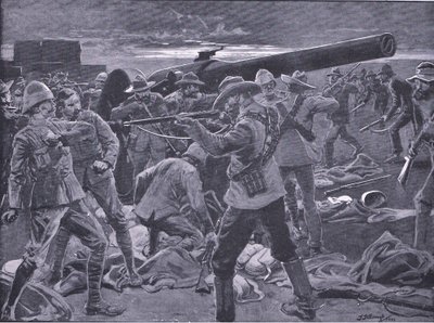 Hyökkäys Gun Hillille: After Pretoria: The Guerilla War (Pretorian jälkeen: sissisota), jonka on julkaissut Harmsworth Bros Limited, 1901. tekijältä Frederick Judd Waugh