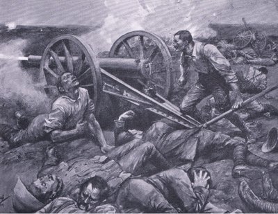 Dewetsdorpin puolustus: 15 puntarin työskentely yksin käsin, kuvitus teoksesta Pretorian jälkeen: sissisota, 1902. tekijältä Frederick Judd Waugh