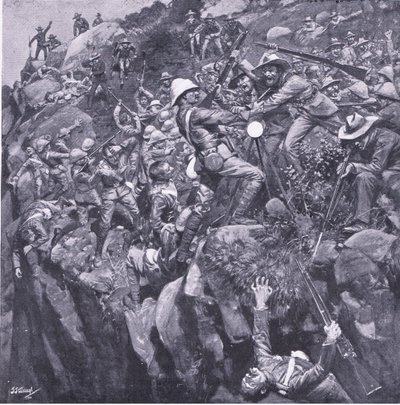 Nooitgeddachtin katastrofi: After Pretoria: The Guerilla War (Pretorian jälkeen: sissisota), jonka on julkaissut Harmsworth Bros Limited, 1901. tekijältä Frederick Judd Waugh