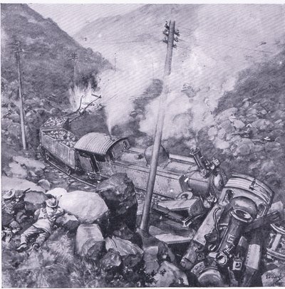 Panssaroidun junan tuhoutuminen Vlakfonteinin lähellä, kuva Pretorian jälkeen: Sissisota, 1902 tekijältä Frederick Judd Waugh