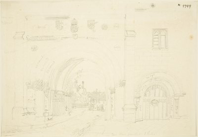 Bristolin katedraalin Abbey Gatehouse, Etelään katsova (kynä paperilla) tekijältä Frederick Mackenzie