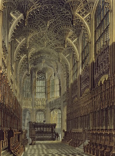 Henry the Seventh Chapel, levy 8 Westminster Abbeystä, kaiverrus J. Bluck (fl.1791-1831) pub. kirjoittanut Rudolph Ackermann (1764-1834) 1811 (akvatinta) tekijältä Frederick Mackenzie