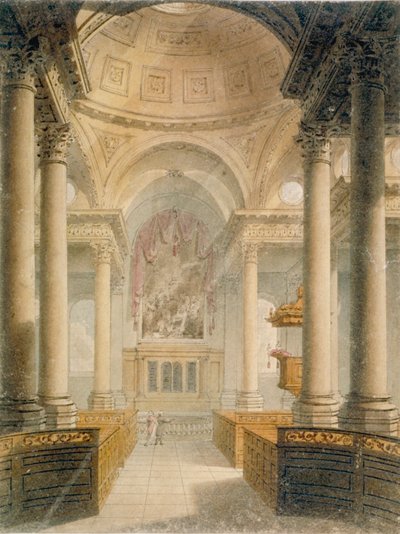 St Stephen Walbrookin kirkon sisustus, Lontoon kaupunki, 1810 tekijältä Frederick Mackenzie