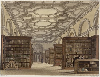 Cambridgen julkisen kirjaston sisustus, "The History of Cambridge", kaiverrus Daniel Havell (1785-1826), pub. R. Ackermann, 1815 (väriakvatinta) tekijältä Frederick Mackenzie