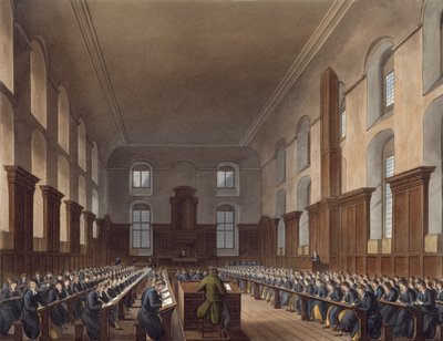 Kirjoituskoulu, Christ Hospital, Ackermannin "History of Christ Hospital" -kirjasta, osa "History of the Colleges", kaivertanut J. Stadler, julkaistu 1816 (akvatinta) tekijältä Frederick Mackenzie