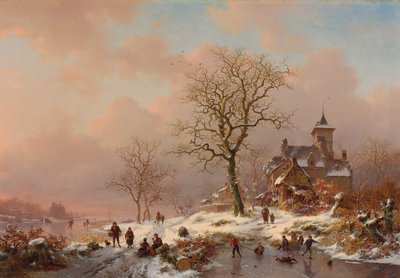 Talvimaisema, jossa hahmot leikkivät jäällä, 1868 tekijältä Frederick Marianus Kruseman