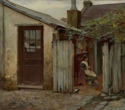 Tyttö linnun kanssa King Street Bakeryn edessä. 1886 tekijältä Frederick McCubbin