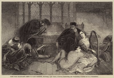 Kohtaus Shakespearen Henrik IV:stä, Lady Mortimer, Mortimer, Lady Percy, Hotspur, Glendower, ja Worcester tekijältä Frederick Richard Pickersgill