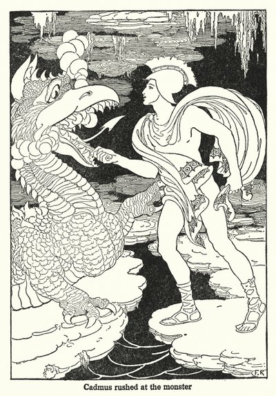 Cadmus ryntäsi hirviötä kohti (litografia) tekijältä Frederick Richardson