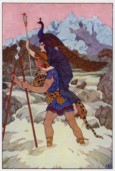 Jason nosti vanhan naisen maasta ja astui rohkeasti raivoavaan ja vaahtoavaan virtaan (värilitho) tekijältä Frederick Richardson