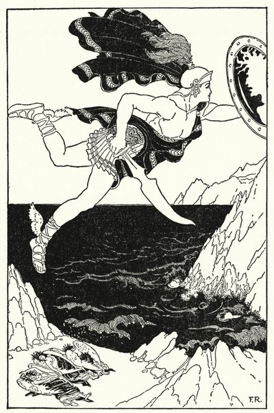 Perseus lensi varovasti alaspäin pitäen silti katseensa Medusan kasvoilla, mikä heijastuu hänen kilveensä (litho) tekijältä Frederick Richardson