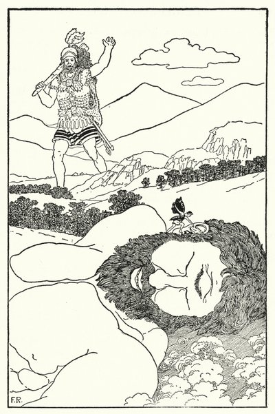 Pygmy huusi Antaeuksen korvaan, että toinen jättiläinen oli tulossa (litho) tekijältä Frederick Richardson