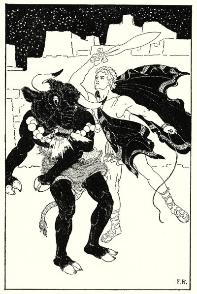 Siitä syntyi kauhein tappelu Theseuksen ja Minotauroksen välillä, mikä koskaan on tapahtunut (litho) tekijältä Frederick Richardson