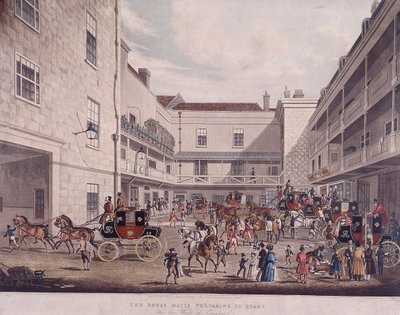 Royal Mail Coaches Lad Lane, Lontoo, 1831 tekijältä Frederick Rosenberg