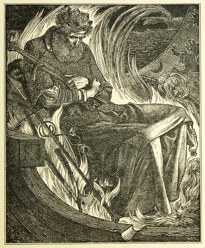 Kuningas Warwulfin kuolema, pubi. 1915 kaiverrus, 1915. tekijältä Frederick Sandys