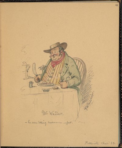 F. 10: kohtaus Pickwick Papersista, herra Weller, luonnoskirjasta, jossa on kohtauksia Charles Dickensin tarinoista (kynä ja akvarelli paperille) tekijältä Frederick W. Pailthorpe