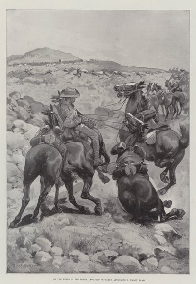 Buurien kannoilla ratsastettu jalkaväki hyökkää vaunujunaan tekijältä Frederick William Burton