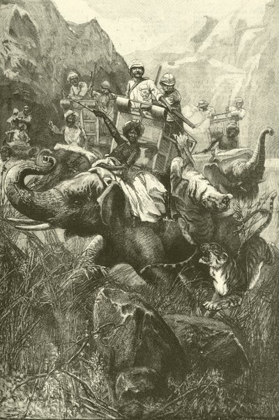 Tiikereiden metsästys Intiassa (kaiverrus) tekijältä Frederick William Burton