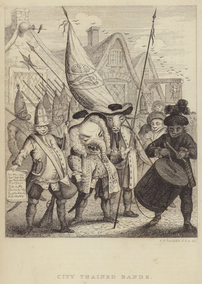 City Trained Bands: satiiri Lontoon Cityyn liittyvistä miliiseistä ja vuoden 1745 Jacobite Rebellionin aiheuttamasta paniikkista (kaiverrus) tekijältä Frederick William Fairholt