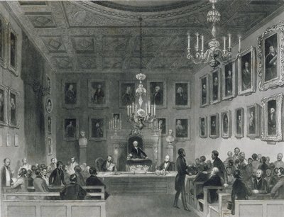 Näkymä Somerset Housen sisäpihasta, näyttää Royal Antiquarian Societyn kokousta, n. 1840 tekijältä Frederick William Fairholt