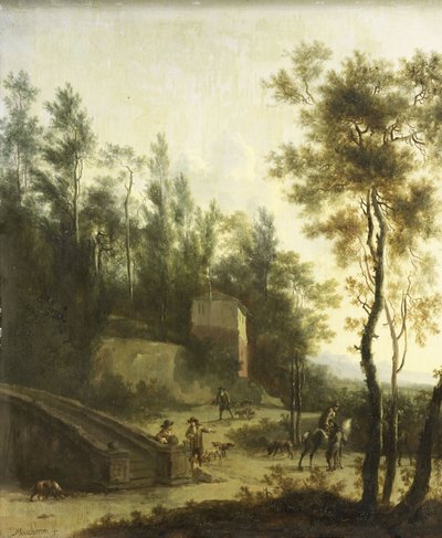 Italialainen maisema metsästäjien kanssa tekijältä Frederick de (manner of) Moucheron