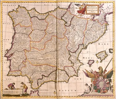 Iberian niemimaan, Espanjan ja Portugalin kartta (etsaus tekijältä Frederick de Wit