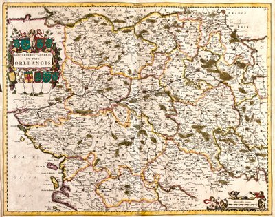 Orleanin maan (Ranska) julkishallinnon kartta (etsaus tekijältä Frederick de Wit