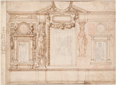 Suunnittelu seinäkoristeelle, jossa on liimattuja luonnoksia Raphael verso, c. 1580-90 luvut. tekijältä Frederico Zuccaro