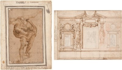 Un Hebreo, de Crist mostrat al poble (recto); Disseny per a una decoració de paret amb esbossos enganxats després de Rafael (verso)finès tekijältä Frederico Zuccaro