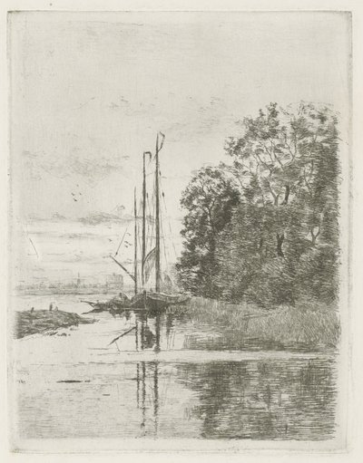 Näkymä joelle kahdella laivalla ja proomulla. tekijältä Fredericus Jacobus van Rossum du Chattel (signed by artist)