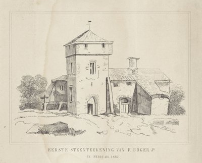 Maanviljelijän kotitila Ensimmäinen kivipiirros F. Börger Jr. (otsikko esineessä) tekijältä Frederik Böger