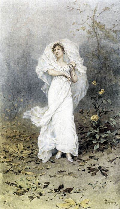 Nainen metsässä - Syksyn allegoria, kalenterin kuvittaja Hubert Dys, maalannut F.H. Kaemmerer tekijältä Frederik Hendrik Kaemmerer