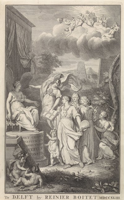 Minerva ja taiteet valtaistuimelle nousseelle hahmolle Nimisivu: The Groot Natuur-en Zedekundigh Wereldtoneel, Delft, R. Boitet, 1743 tekijältä Frederik Ottens