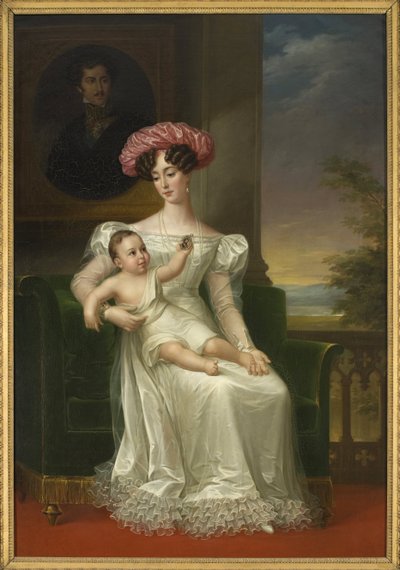 Josephine of Leuchtenberg, Ruotsin ja Norjan kuningatar (poikansa Kaarle XV sylissään, istuu kuningas Oscar I:n muotokuvan edessä) - Westinin Muotokuva Josephine Leuchtenbergistä (1807-1876), Ruotsin ja Norjan kuningatar , Fredric (1782-1862). Öljyä c tekijältä Fredric Westin