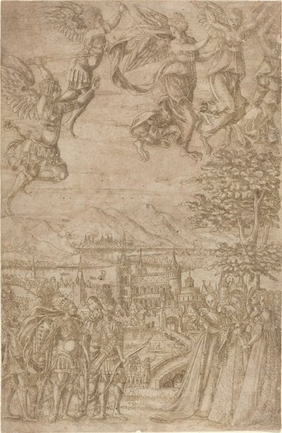 Kuningas ja hänen seuralaisensa kohtaavat naiset taivaallisen taistelun alla tekijältä French 17th Century