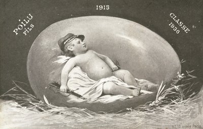 1915, pääsiäiskortti, jossa näkyy jo aseistettu sotilasvauva munassa tekijältä French Photographer