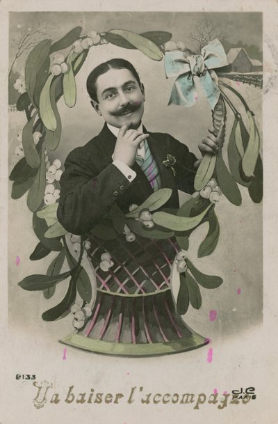 Suudelman mukana, postikortti lähetetty vuonna 1913 (käsin värjätty kuva) tekijältä French Photographer