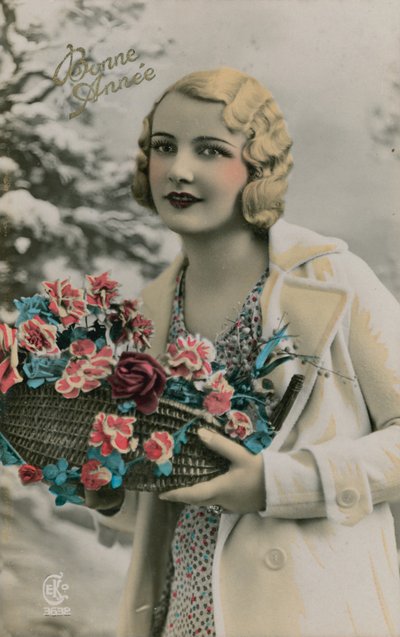 Bonne Annee, Onnellista Uutta Vuotta -postikortti lähetetty vuonna 1913 (käsin värjätty kuva) tekijältä French Photographer