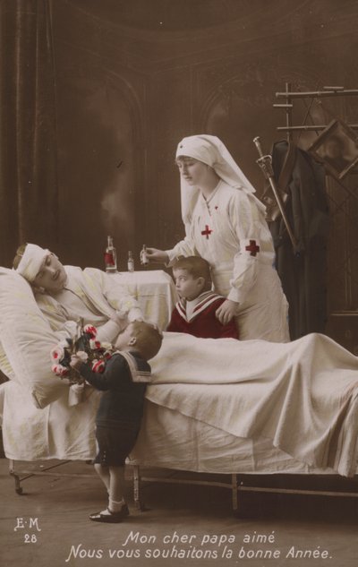 Lapset toivottavat hyvää uutta vuotta loukkaantuneelle isälleen, WW1 tekijältä French Photographer