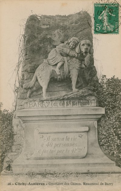 Clichy-Asnieres - Koiran hautausmaa. Barryn muistomerkki. Postikortti lähetetty 1913. tekijältä French Photographer
