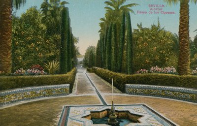 Cypress Walk, Alcazar, Sevillassa, Espanjassa. Postikortti lähetetty 1913. tekijältä French Photographer