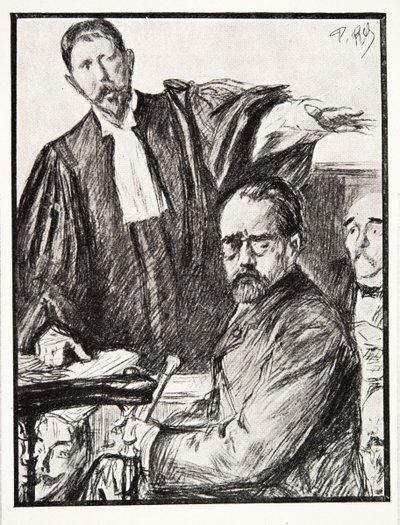 Dreyfus oikeudenkäynnissä, julkaisusta History of the Third Republic, osa. I, Poliittinen historia, pub.1933 (litho) tekijältä French Photographer