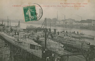 Schneider and Co rakentaa 11 torpedovenettä Chalon-sur-Saonessa Itä-Ranskassa. Postikortti lähetetty 1913. tekijältä French Photographer