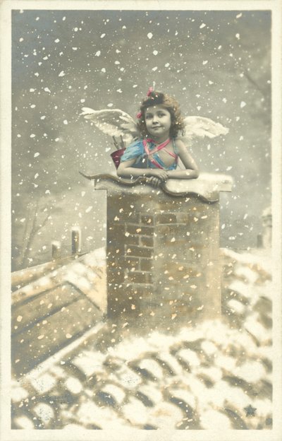 Tyttö enkeli nousemassa savupiipun potista lumessa tekijältä French Photographer