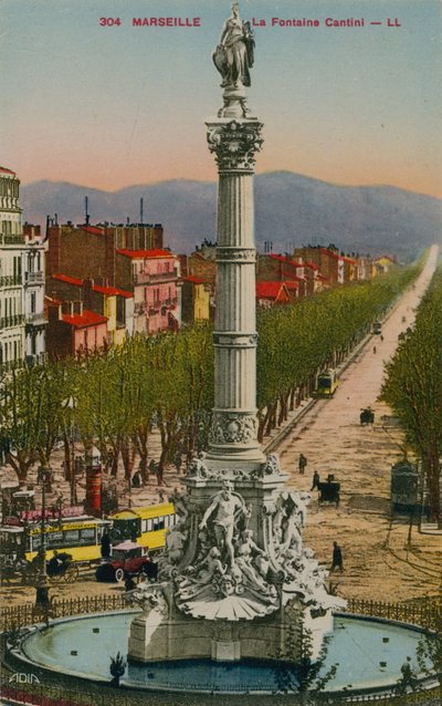 La Fontaine Cantini Marseillessa. Sen on rakentanut kuvanveistäjä Andre Allar. Postikortti lähetetty 1913. tekijältä French Photographer