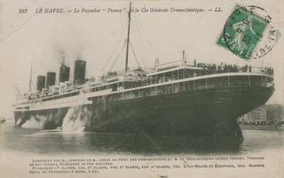 Valtamerilaiva Ranska, Le Havre. Postikortti lähetetty 1913. tekijältä French Photographer